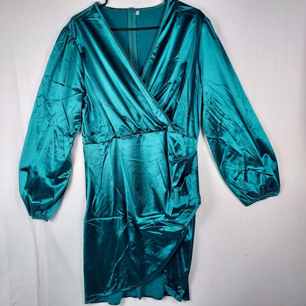 Yajedo Satin V-Neck Dress Size XXL Green Party/Cocktail Long Sleeve New